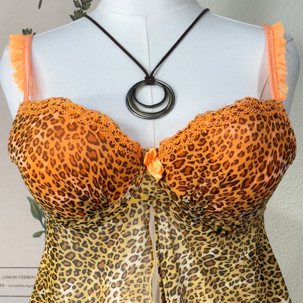 Y2k Mesh Leopard Split Front Babydoll Lingerie Top Gyaru Sexy Trashy McBling L - Picture 4 of 10